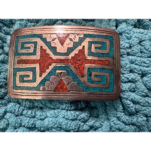 VINTAGE NATIVE STERLING SILVER TURQUOISE CORAL INLAY BELT BUCKLE CLOSEUPS main image 4